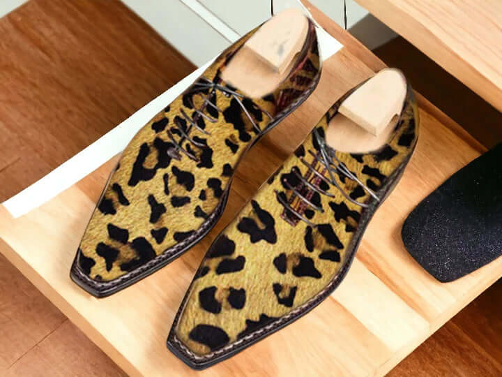 Free Shipping Men's Handmade Whole Cut Leopard Skin Oxfords Shoes, Lace hairy Skin Shoe