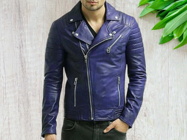 Bespoke Genuine Leather Biker Jacket, Men Blue Biker jacket For Men's