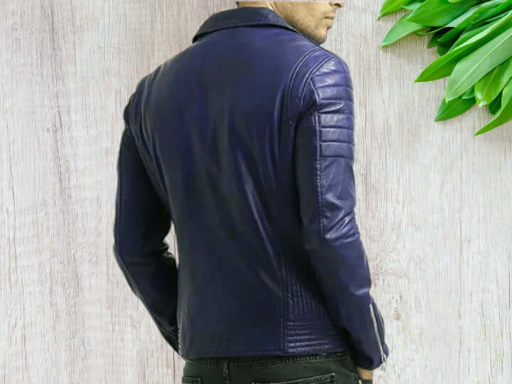 Bespoke Genuine Leather Biker Jacket, Men Blue Biker jacket For Men's