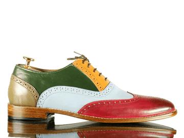 Expertly crafted with bespoke green leather, these handmade wingtip shoes are a must-have for any formal occasion. The sturdy double buckle design provides a secure fit while adding a touch of unique style. Elevate your formal wear with these multi-color lace up party shoes.