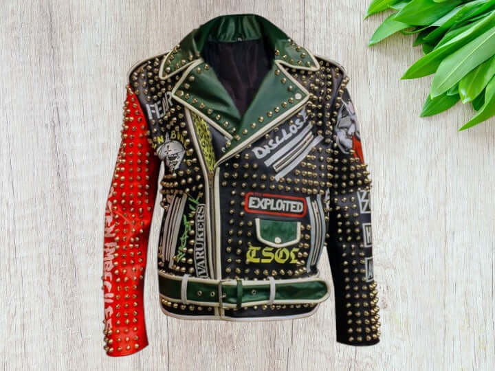 Multi Color Biker Studded Leather Coat Jacket with Adjustable Waist Belted Strap