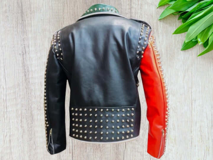 Multi Color Biker Studded Leather Coat Jacket with Adjustable Waist Belted Strap