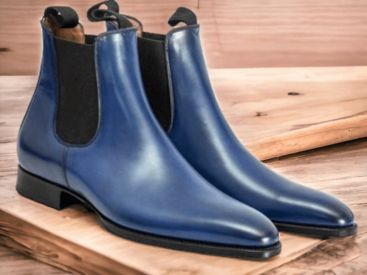 Handmade Men Blue Chelsea Leather Boots, Men's Slip On Ankle Boots