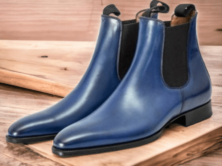 Handmade Men Blue Chelsea Leather Boots, Men's Slip On Ankle Boots