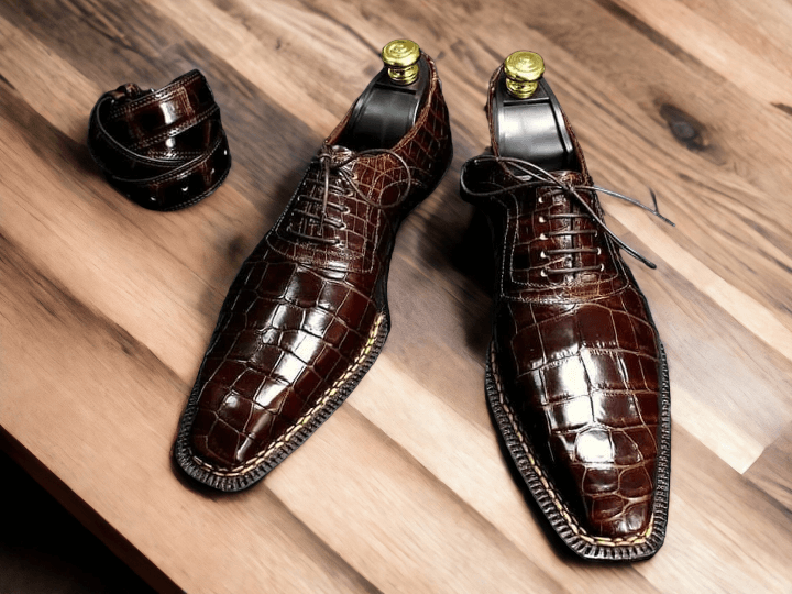 Made to Order Men's Brown Crocodile Texture Leather Dress Lace up Shoes