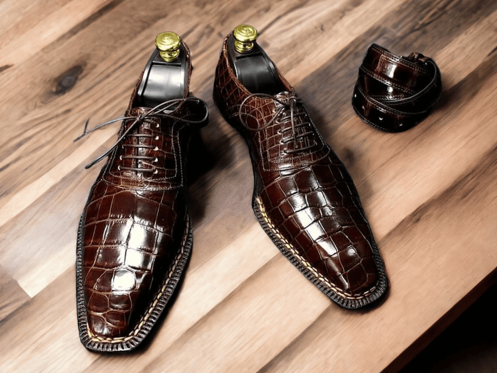 Made to Order Men's Brown Crocodile Texture Leather Dress Lace up Shoes