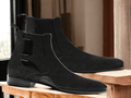 Upgrade your shoe game with our Bespoke Handmade Black Suede Buckle Chelsea Boots. These Dress Formal Slip On Boots are perfect for any formal occasion, providing both style and comfort. Crafted with high-quality materials, these ankle high boots will elevate any outfit. Expertly designed for men's fashion, these boots are a must-have for any wardrobe.