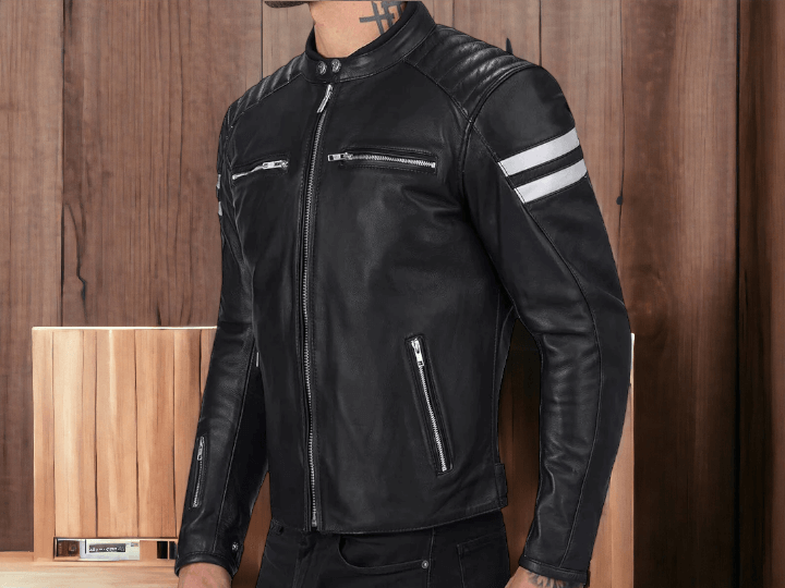 Men Black Jacket With White Strips Men Black Leather jacket