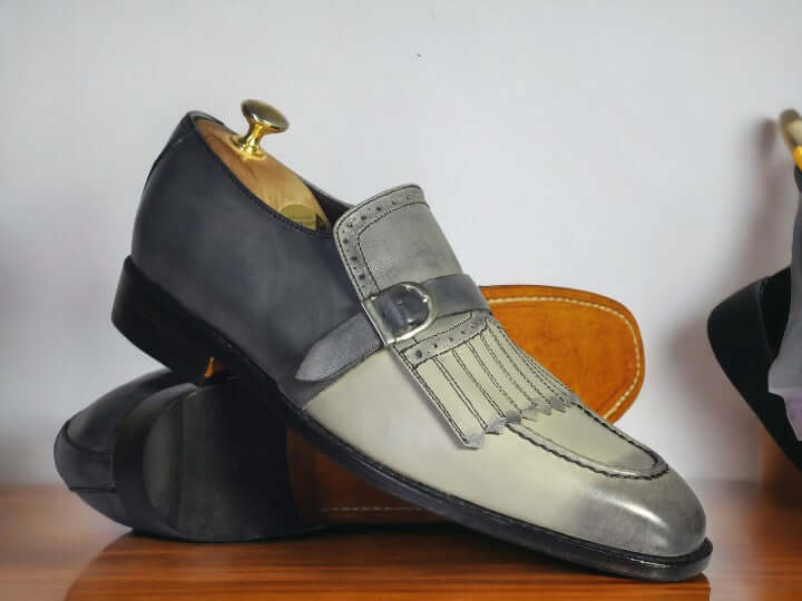 Men Handmade Two Tone Gray Loafer Fringe Monk Strap Leather Men Shoes