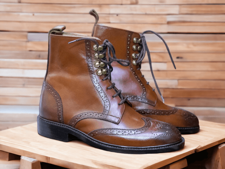 Men Handmade Brown Leather Boots, Men Ankle Boots, Navy Boots, Office boots, Wing Tip Boots