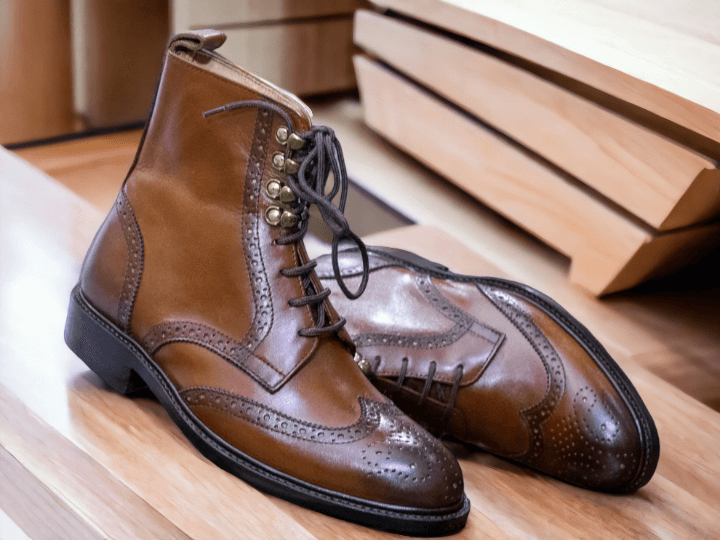 Men Handmade Brown Leather Boots, Men Ankle Boots, Navy Boots, Office boots, Wing Tip Boots