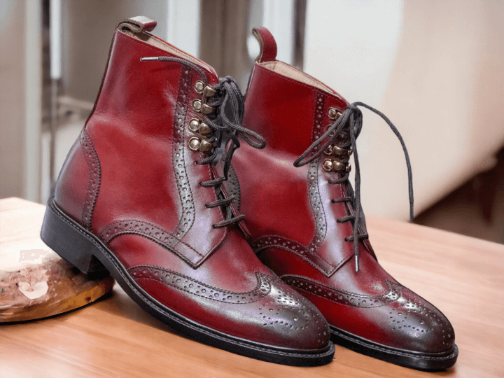 Men Handmade Brown Leather Boots, Men Ankle Boots, Navy Boots, Office boots, Wing Tip Boots