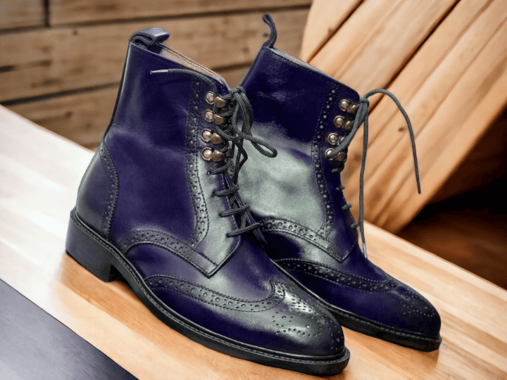 Men Handmade Brown Leather Boots, Men Ankle Boots, Navy Boots, Office boots, Wing Tip Boots