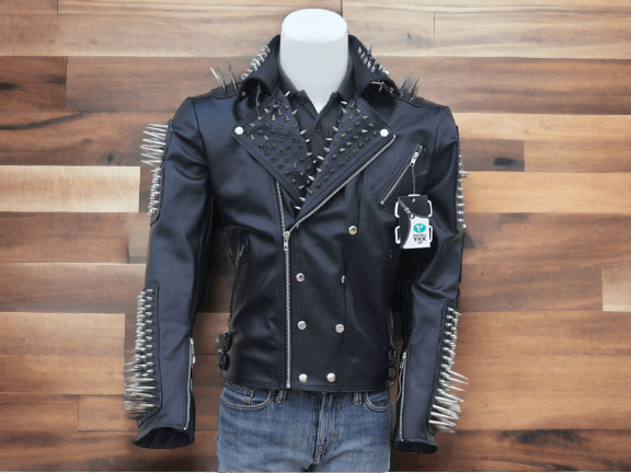 Mens Black Punk Silver Spiked Studded Jacket, Cow Leather Fashion Jacket