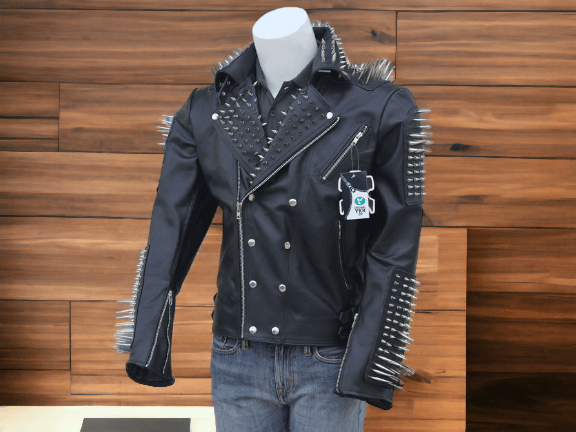 Mens Black Punk Silver Spiked Studded Jacket, Cow Leather Fashion Jacket