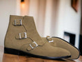 Handmade Men's Ankle High Beige Suede Boot, Triple Buckle Boot, Luxury Boot