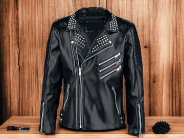 Mens Black Multi Full Silver Studded Punk Brando Cowhide Leather Jacket