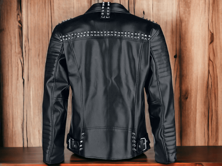 Mens Black Multi Full Silver Studded Punk Brando Cowhide Leather Jacket