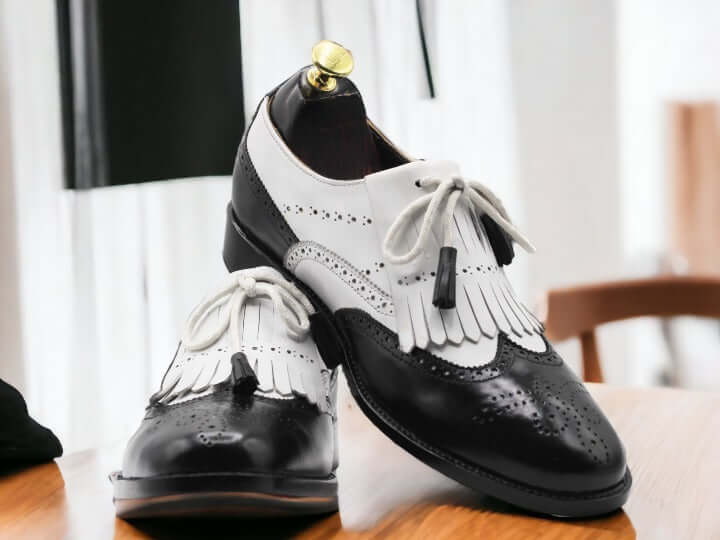 Men's Black & White Fringe Leather Shoes, Wing Tip Shoes, Handmade Oxford Shoes