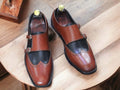 Bespoke Blue Burgundy Double Buckle Leather Shoes, Men's Formal Shoes