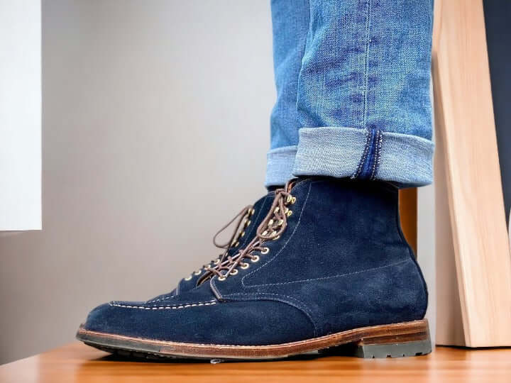 Men's Blue Denim Suede Boot, Handmade Boot, Lace Up Boot, Formal wear Boot