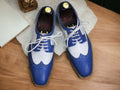 Men's Blue White Genuine Leather Shoes, Hand Painted Wing Tip Shoes, Office Shoes