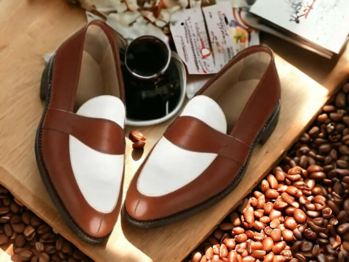 Men's Brown White Penny Loafer Shoes, Handmade Round Toe Shoes, Slip On Moccasin Shoes