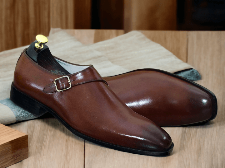 Hand Painted Men's Burgundy Monk Leather Shoes, Handmade Men's Leather Shoes