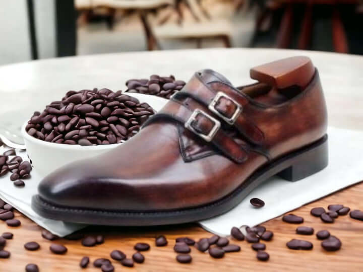 Men's Cordovan Color Leather Shoes,Handmade Double Buckle Shoes,Party Wear Shoes