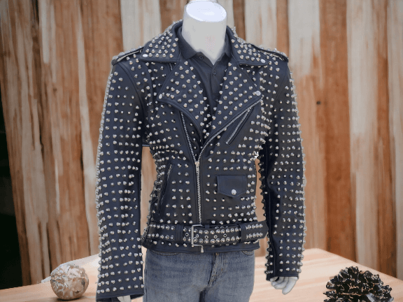 Mens Black Punk Silver Spiked Studded Jacket, Cow Leather Fashion Jacket