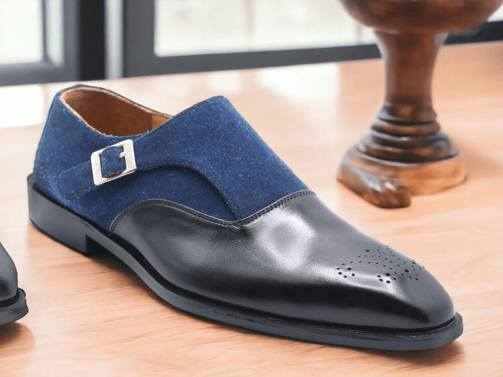 Expertly crafted with genuine leather and suede, these handmade shoes offer both style and durability. The black and blue color combination adds a unique touch to any outfit. Elevate your wardrobe with these high-quality shoes.