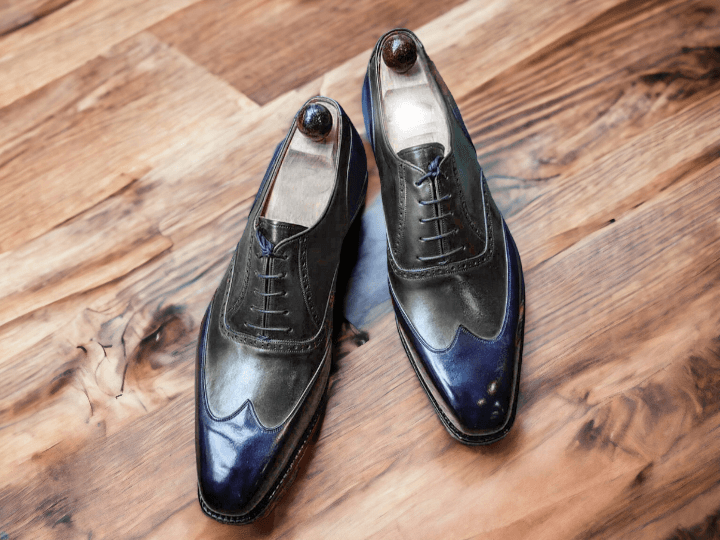 Men's Handmade Blue Black Wing Tip Dress Leather Lace Up Shoes