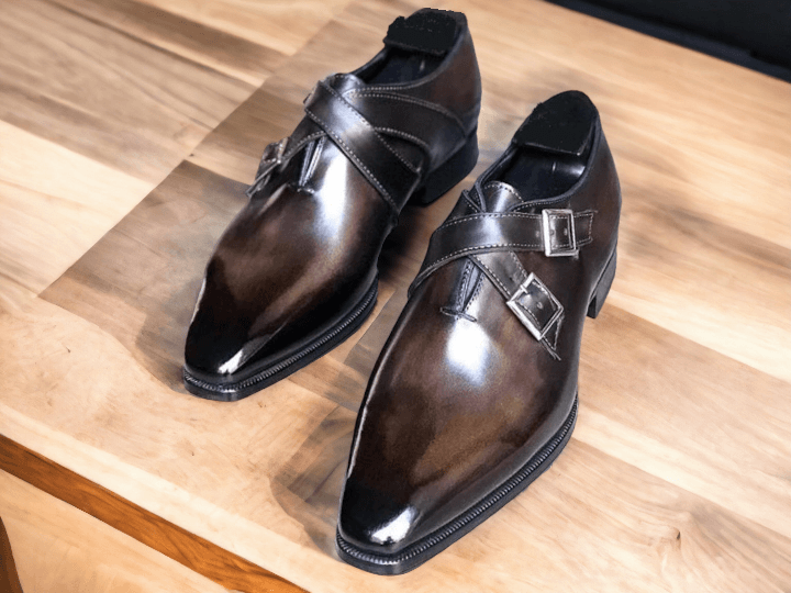 Men's Handmade Brown Bouble Monk Straps Shoes,Men's Party Wear Stylish Shoes