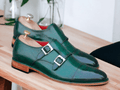 Step up your formal fashion game with our Men's Handmade Green Leather Cap Toe Buckle Shoes. Handcrafted with genuine leather, these shoes offer both style and durability. The bold green color adds a unique touch to the classic cap toe design. Upgrade your wardrobe today with these fashion-forward shoes.