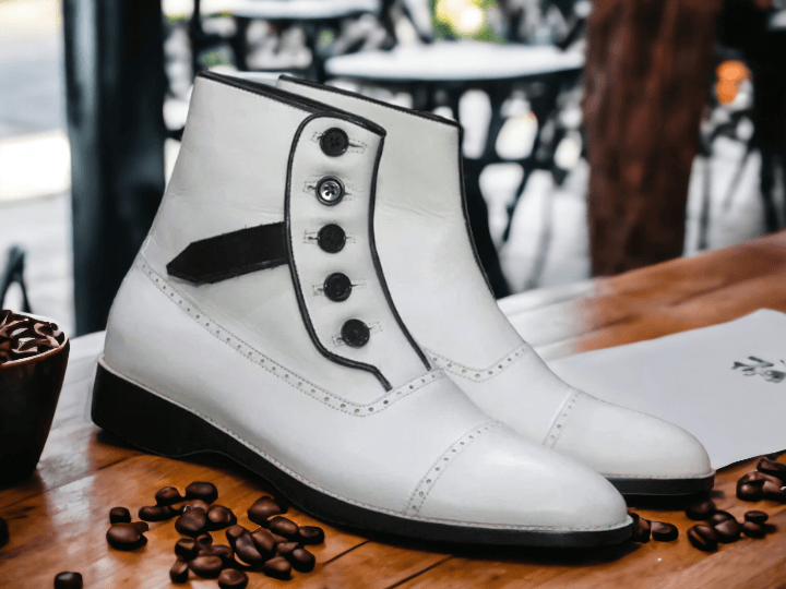 Men's Handmade White Top Button Genunie Leather Boots