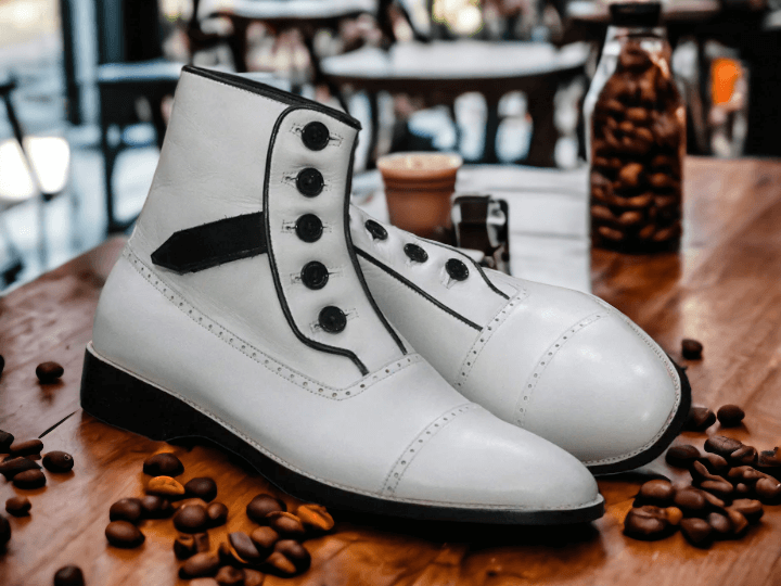 Men's Handmade White Top Button Genunie Leather Boots