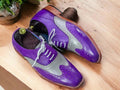 Elevate your style with our designer men's purple grey leather dress shoes. Crafted with precision and attention to detail, these brogue oxfords add a touch of sophistication to any outfit. Made from high-quality leather, these shoes provide both durability and comfort. Perfect for any formal occasion, impress with every step.