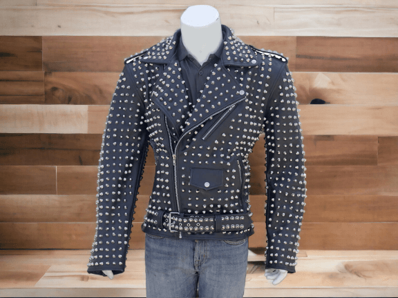 Mens Black Punk Silver Spiked Studded Jacket, Cow Leather Fashion Jacket