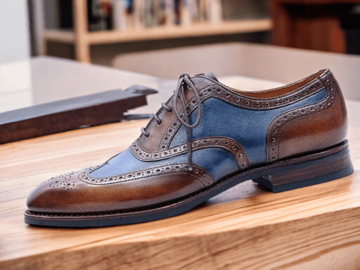 Men's blue brown wing tip lace up leather shoes Men Dress Formal Brogues Leather Shoe