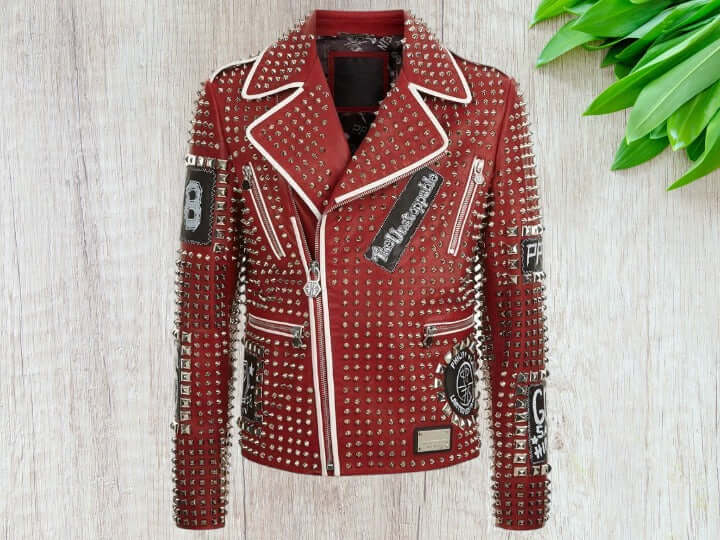 Mens Fashion Red Jacket Silver Studded Real Cow