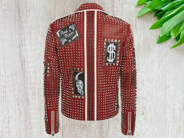 Mens Fashion Red Jacket Silver Studded Real Cow