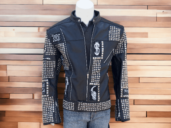 Handmade Mens Black Punk Silver Studded Spiked Jacket,Men Cow Leather Biker Jacket