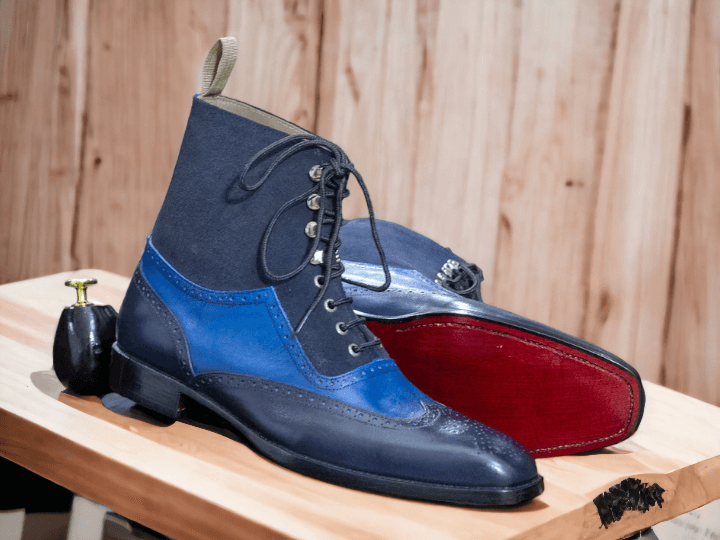 Navy Blue Handmade Boots, Stylish Versatile Blue Leather Boots Two Tone Boots