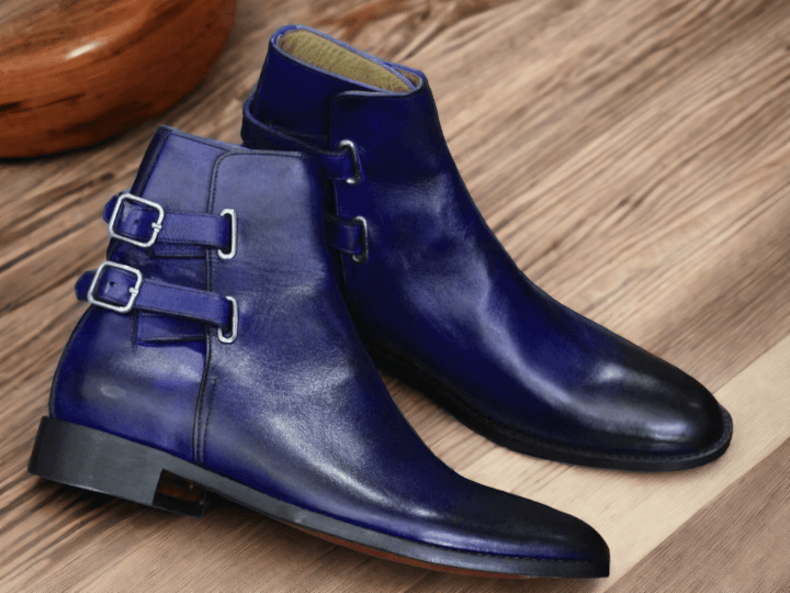 Navy Blue Handmade Boots, Stylish Versatile Green Ankle Leather Boots Black Ankle Boots