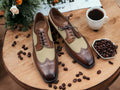 New Men's Brown Beige Leather Suede Shoes, Handmade Dress Shoes, Wing Tip Shoes