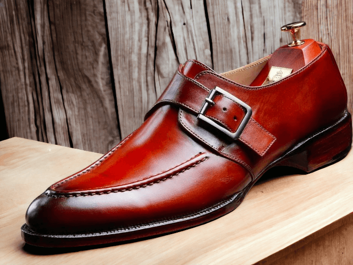 New Men's Handmade Burgundy Monk Buckle Shoes, Men's Leather Party Wear Shoes