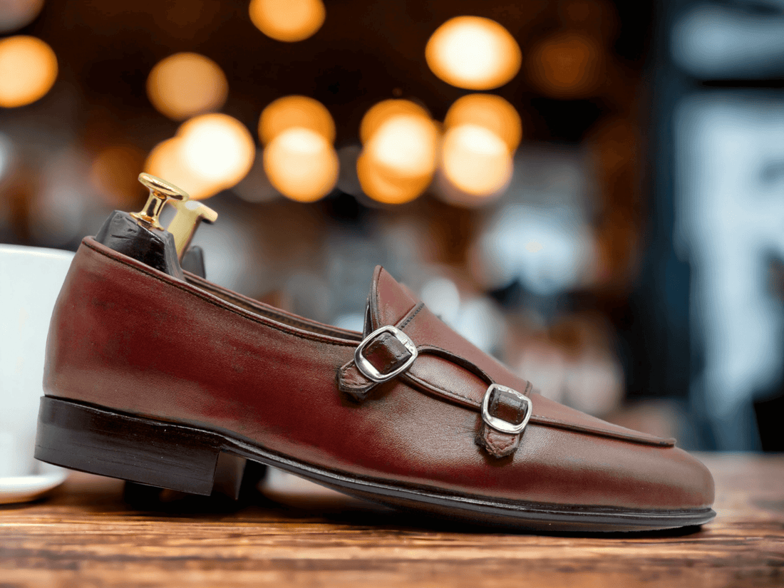 Men's Burgundy Leather Shoes, Handmade Double Buckle Stylish Shoes, Bespoke Shoes