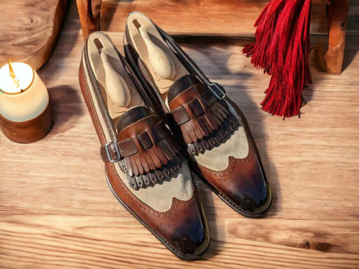 Handmade Buckle Loafer Shoes, Leather Suede Shoes, Wing Tip Shoes