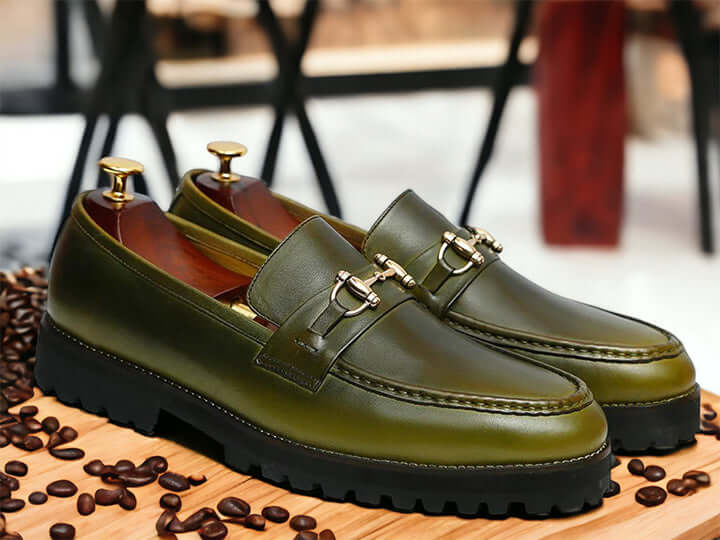 Handmade Men's Olive Green Chunky Sole Shoes