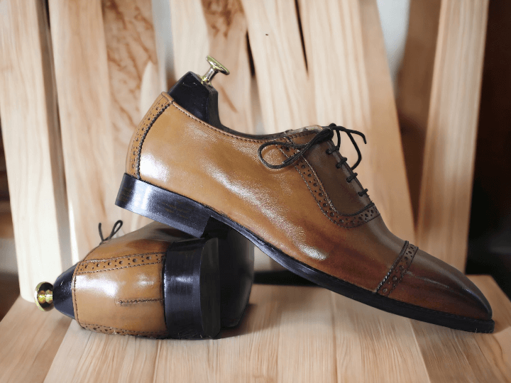 Men's Pure Brown Leather Stylish Dress Shoes, Handmade Cap Toe Style